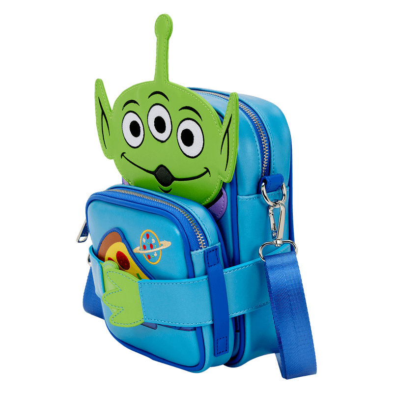 Three-quarter left angle of Alien Crossbuddies crossbody with green alien face and pizza pocket