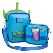 Back view of Alien Crossbuddies crossbody showing Pizza Planet cup pouch and Pixar badge