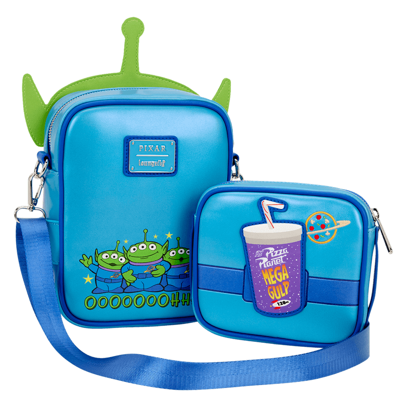 Back view of Alien Crossbuddies crossbody showing Pizza Planet cup pouch and Pixar badge