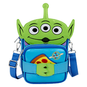Front view of Loungefly Alien Crossbuddies crossbody with belt strap and pizza planet badge