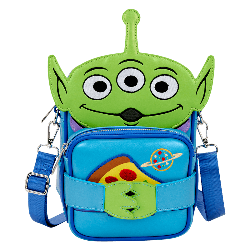 Front view of Loungefly Alien Crossbuddies crossbody with belt strap and pizza planet badge