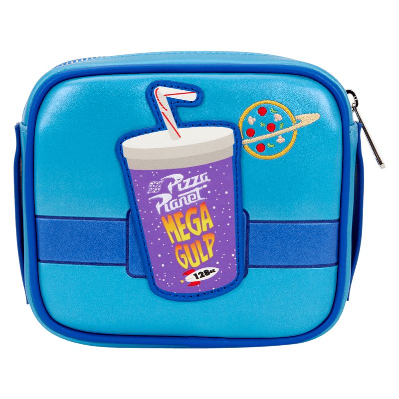 Close-up of detachable Pizza Planet Mega Gulp cup pouch on Alien Crossbuddies bag