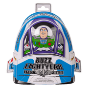 Front view of Loungefly Buzz Lightyear mini backpack styled like a Space Ranger cockpit