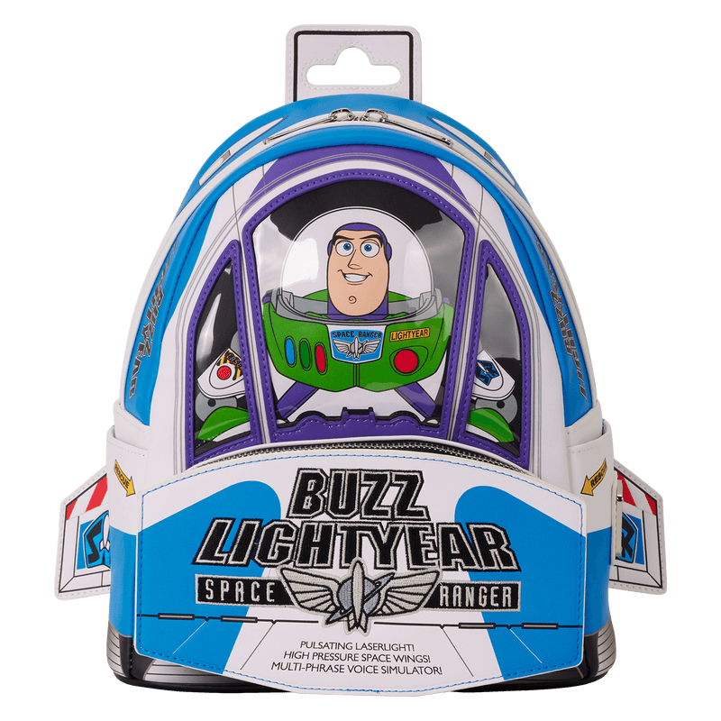 Front view of Loungefly Buzz Lightyear mini backpack styled like a Space Ranger cockpit
