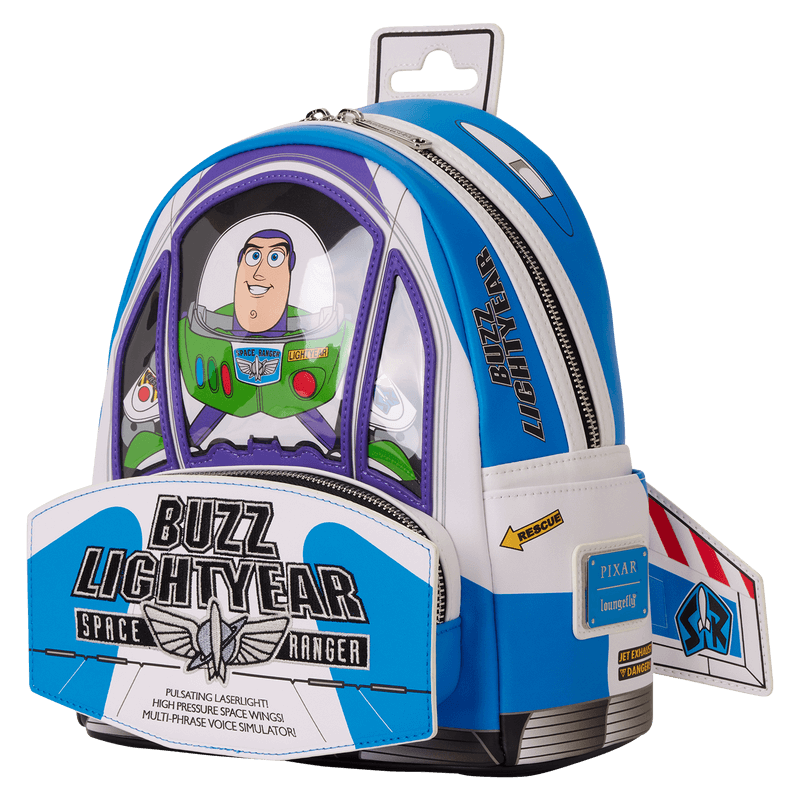 Right angle of Loungefly Toy Story Buzz Lightyear mini backpack with appliqué details and wings