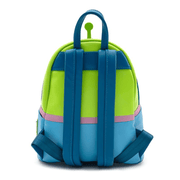 Back view of Loungefly Pizza Planet Alien Mini Backpack with blue adjustable shoulder straps and top handle
