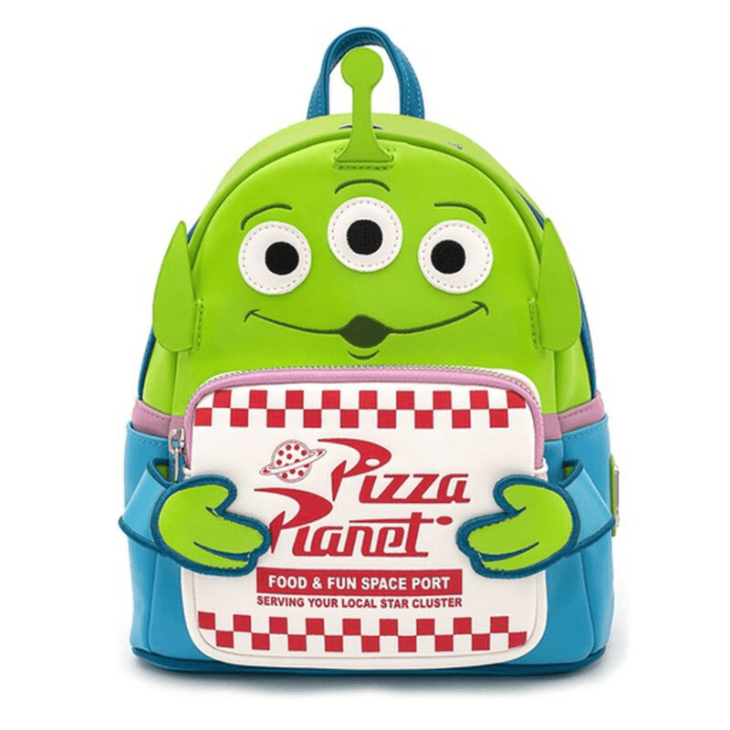 Loungefly Disney Pixar Toy Story Pizza Planet Alien Mini Backpack front view with green alien holding a pizza box