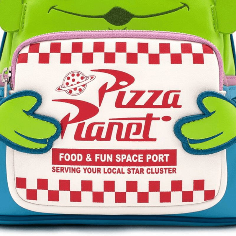 Close-up of Pizza Planet pizza box front zip pocket with alien hands and red checkerboard design