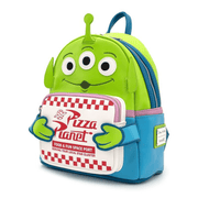 Side angle of Loungefly Toy Story Pizza Planet Alien Mini Backpack showing character appliqué, blue trim and front pocket