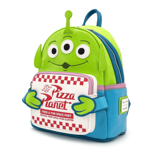 Side angle of Loungefly Toy Story Pizza Planet Alien Mini Backpack showing character appliqué, blue trim and front pocket