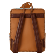 Back view of Loungefly Toy Story Woody Saloon Mini Backpack with rope trim and brown shoulder straps