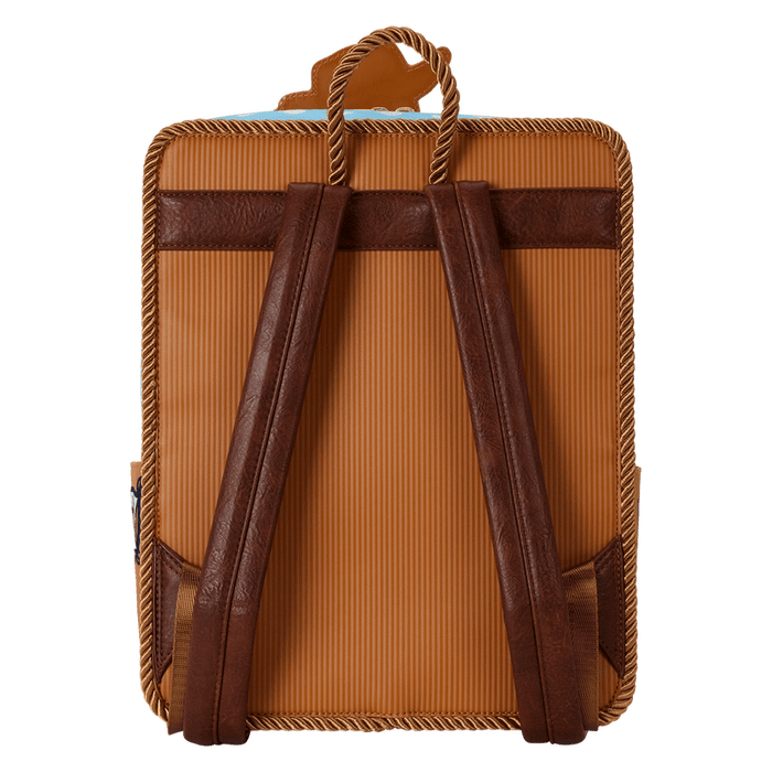 Back view of Loungefly Toy Story Woody Saloon Mini Backpack with rope trim and brown shoulder straps
