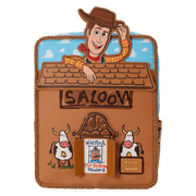 Front view with SALOON facade and removable ‘Wanted’ poster pocket on the Loungefly Toy Story Woody Mini Backpack