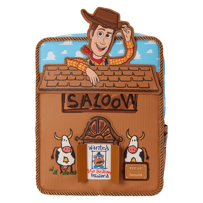 Front view with SALOON facade and removable ‘Wanted’ poster pocket on the Loungefly Toy Story Woody Mini Backpack