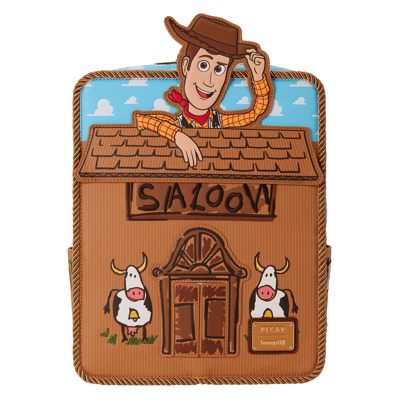 Straight-on front of Loungefly Toy Story Woody Saloon Mini Backpack with Woody tipping his hat