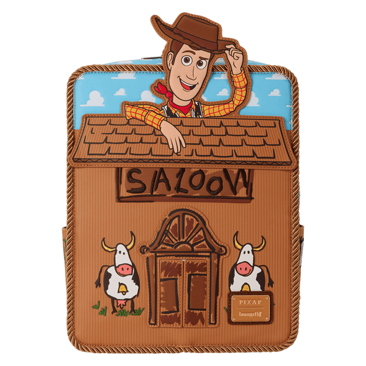 Straight-on front of Loungefly Toy Story Woody Saloon Mini Backpack with Woody tipping his hat