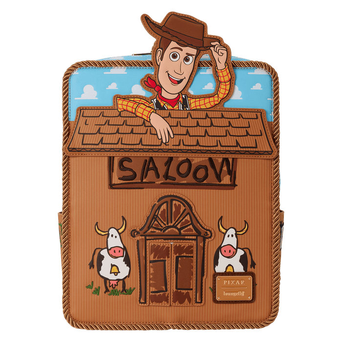 Straight-on front of Loungefly Toy Story Woody Saloon Mini Backpack with Woody tipping his hat