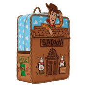 Three-quarter angle of Loungefly Toy Story Woody Saloon Mini Backpack with Woody rooftop applique and BANK side panel
