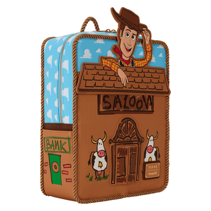 Three-quarter angle of Loungefly Toy Story Woody Saloon Mini Backpack with Woody rooftop applique and BANK side panel