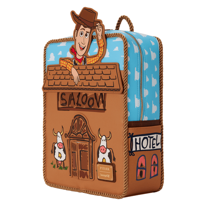 Three-quarter angle of Loungefly Toy Story Woody Saloon Mini Backpack showing HOTEL side panel and cloud-print sides