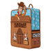 Three-quarter angle of Loungefly Toy Story Woody Saloon Mini Backpack showing HOTEL side panel and cloud-print sides
