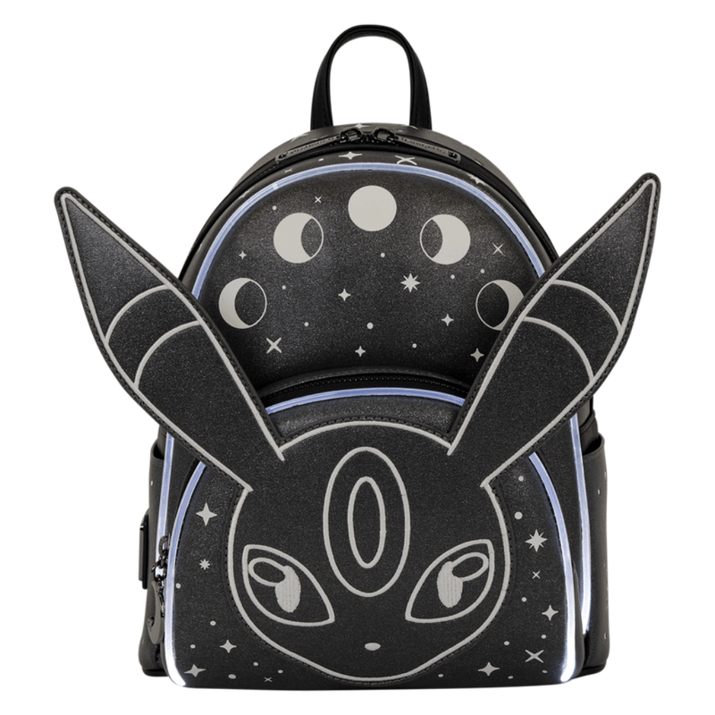 Front of Loungefly Umbreon light-up mini backpack showing illuminated outlines around the moon phases and character face