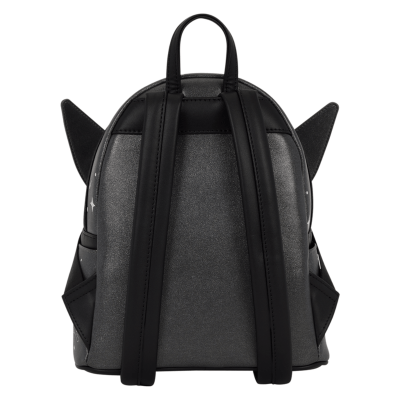 Back of Loungefly Pokémon Umbreon mini backpack showing black adjustable shoulder straps and top handle
