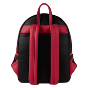 Back view of the Loungefly Universal Monsters Bride of Frankenstein mini backpack with black body and red adjustable shoulder straps