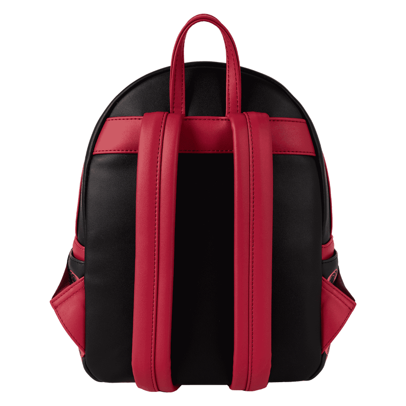Back view of the Loungefly Universal Monsters Bride of Frankenstein mini backpack with black body and red adjustable shoulder straps