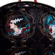 Interior lining of the Loungefly Universal Monsters Bride of Frankenstein mini backpack with stained glass portrait print