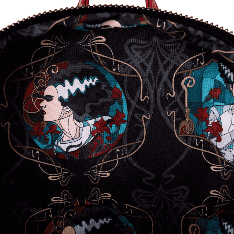 Interior lining of the Loungefly Universal Monsters Bride of Frankenstein mini backpack with stained glass portrait print