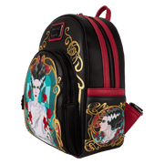 Side view of the Loungefly Universal Monsters Bride of Frankenstein mini backpack with red trim and side panel portrait artwork