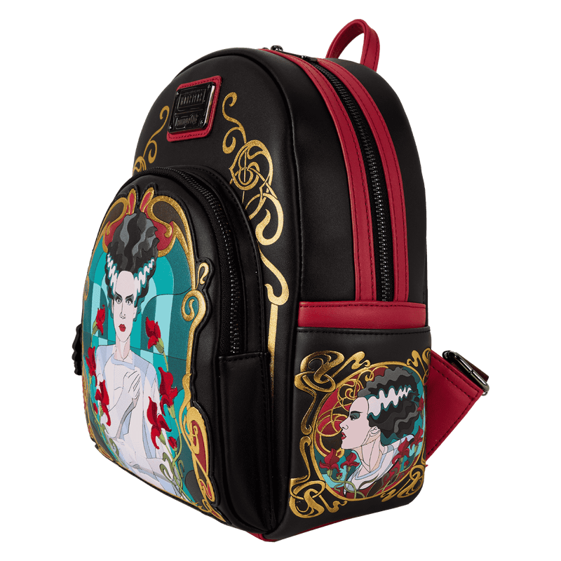 Side view of the Loungefly Universal Monsters Bride of Frankenstein mini backpack with red trim and side panel portrait artwork