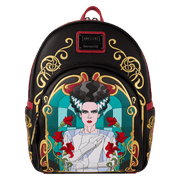 Front view of the Loungefly Universal Monsters Bride of Frankenstein Stained Glass Mini Backpack with gold foil and red floral details
