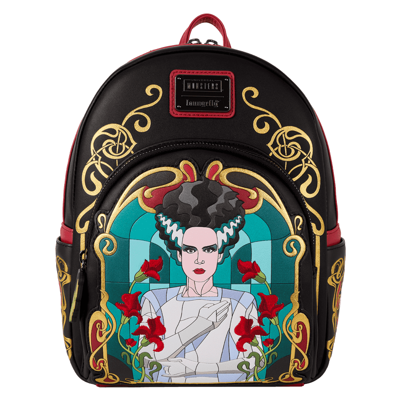 Front view of the Loungefly Universal Monsters Bride of Frankenstein Stained Glass Mini Backpack with gold foil and red floral details
