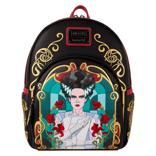 Front view of the Loungefly Universal Monsters Bride of Frankenstein Stained Glass Mini Backpack with gold foil and red floral details
