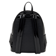 Back view of the Loungefly Universal Monsters Dracula mini backpack with black adjustable shoulder straps and brick-effect texture