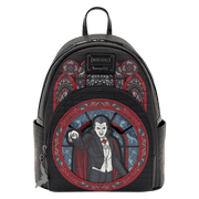 Front view of the Loungefly Universal Monsters Dracula Stained Glass Mini Backpack with gothic stained glass artwork