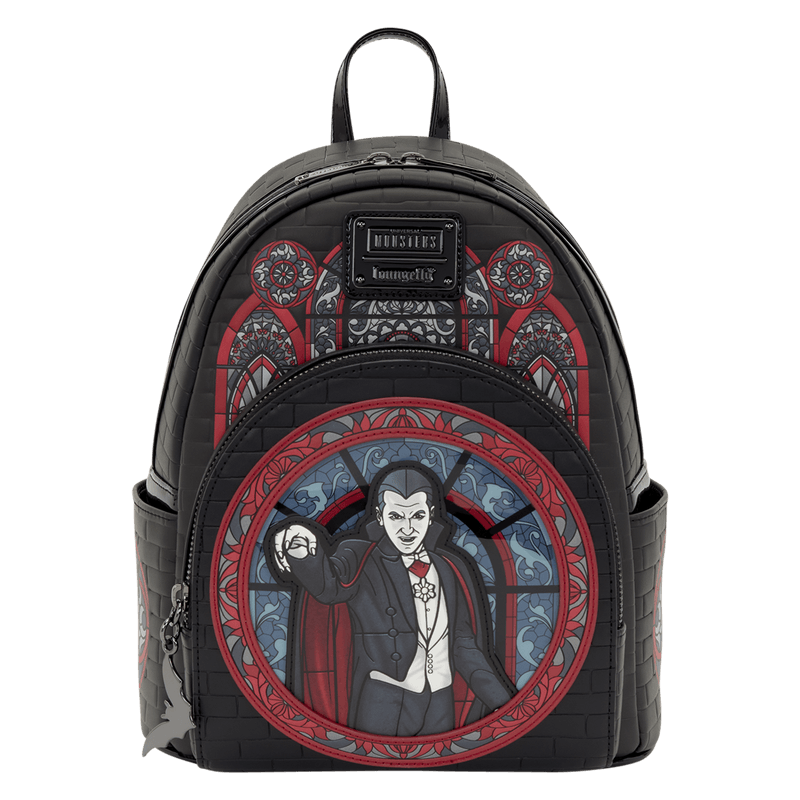 Front view of the Loungefly Universal Monsters Dracula Stained Glass Mini Backpack with gothic stained glass artwork