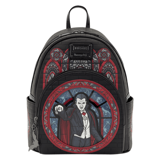 Front view of the Loungefly Universal Monsters Dracula Stained Glass Mini Backpack with gothic stained glass artwork