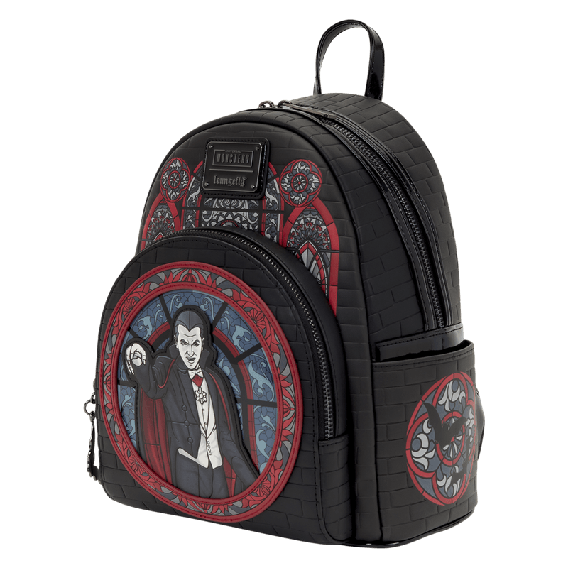 Side view of the Loungefly Universal Monsters Dracula Stained Glass Mini Backpack with black brick-effect body and red gothic artwork