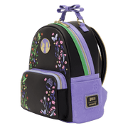 Angled front view of the Loungefly Wicked Floral and Lace Mini Backpack with green trim, lilac details and embroidered botanical artwork