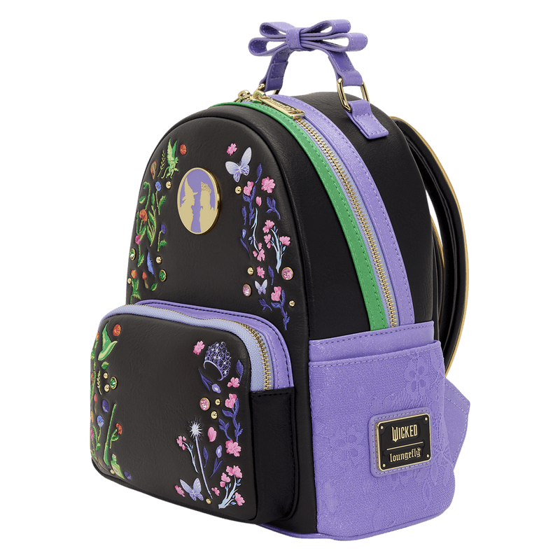 Angled front view of the Loungefly Wicked Floral and Lace Mini Backpack with green trim, lilac details and embroidered botanical artwork