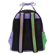 Back view of the Loungefly Wicked Floral and Lace Mini Backpack with black body, purple bow handle and green and lilac straps