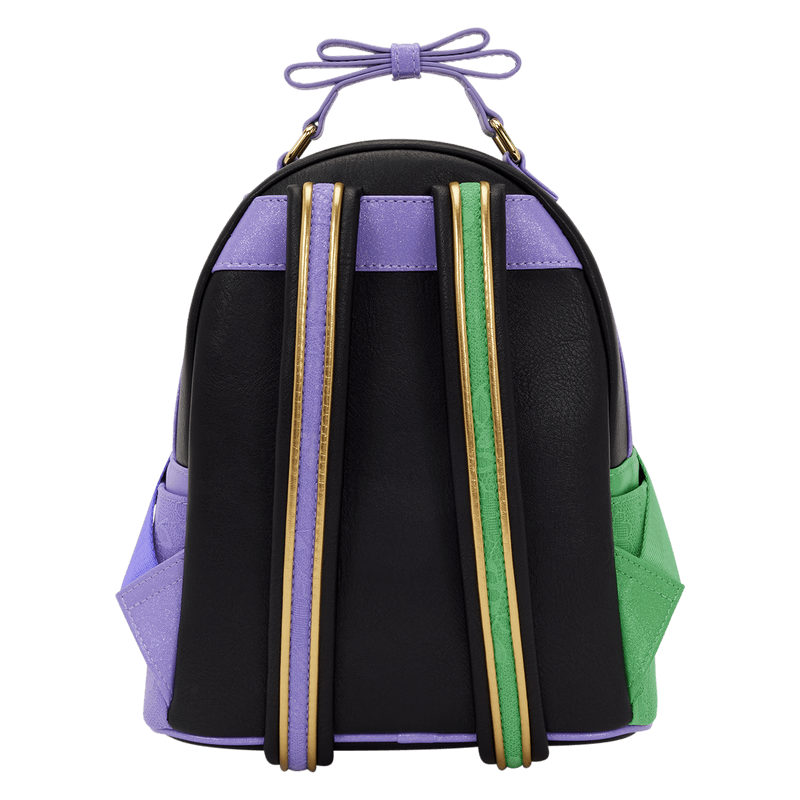 Back view of the Loungefly Wicked Floral and Lace Mini Backpack with black body, purple bow handle and green and lilac straps