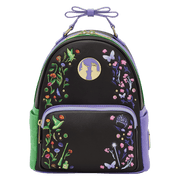 Front view of the Loungefly Wicked Floral and Lace Mini Backpack with embroidered flowers, butterflies, magical motifs and character silhouette cameo