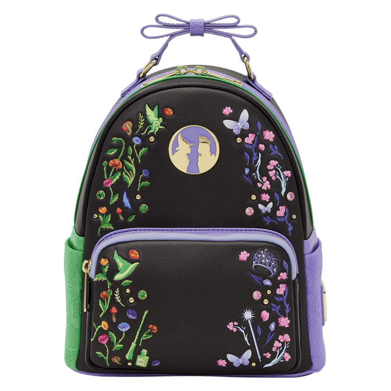 Front view of the Loungefly Wicked Floral and Lace Mini Backpack with embroidered flowers, butterflies, magical motifs and character silhouette cameo