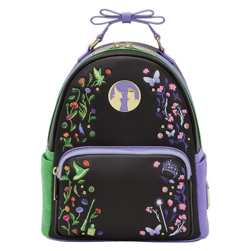 Front view of the Loungefly Wicked Floral and Lace Mini Backpack with embroidered flowers, butterflies, magical motifs and character silhouette cameo