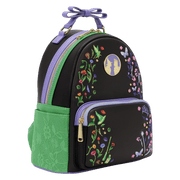 Side view of the Loungefly Wicked Floral and Lace Mini Backpack with lilac side pocket, black body and floral embroidered front pocket