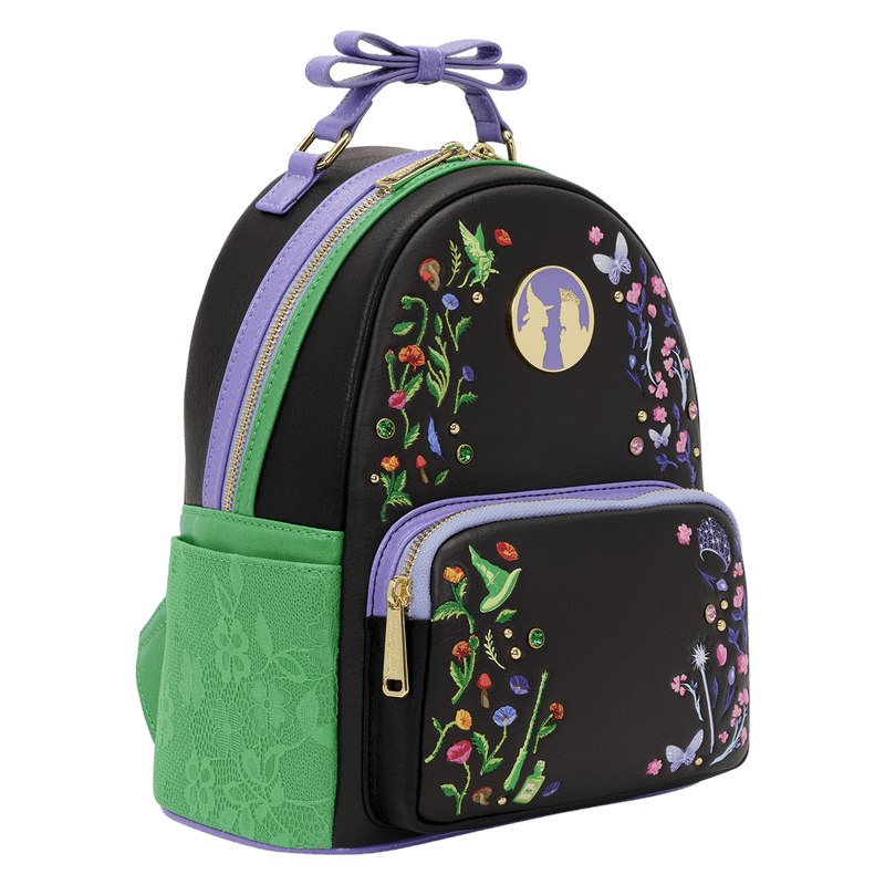 Side view of the Loungefly Wicked Floral and Lace Mini Backpack with lilac side pocket, black body and floral embroidered front pocket